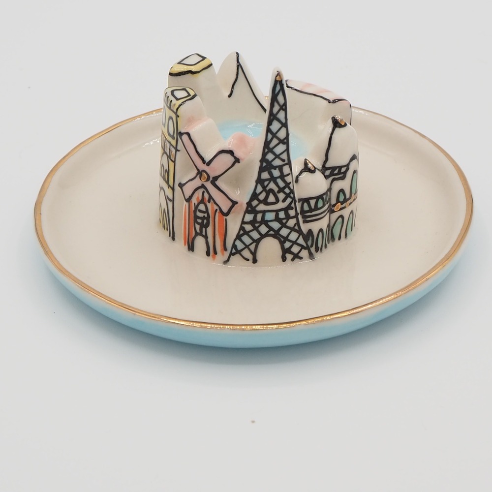 Anthropologie Ceramic Round Trinket Tray Paris Skyline Gilt Edge Dish